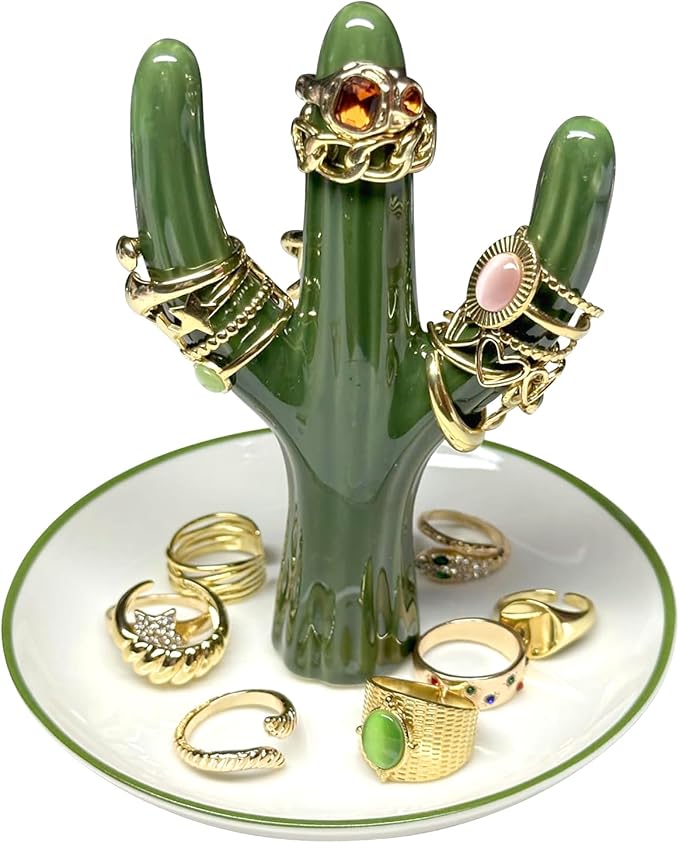 PUDDING CABIN Cactus Ring Holder Green Jewelry Dish for Rings Earrings Bracelets Necklace Organizer, Cactus Gift for Women Birthday Wedding Graduation Christmas Valentines, Room Decor Aesthetic