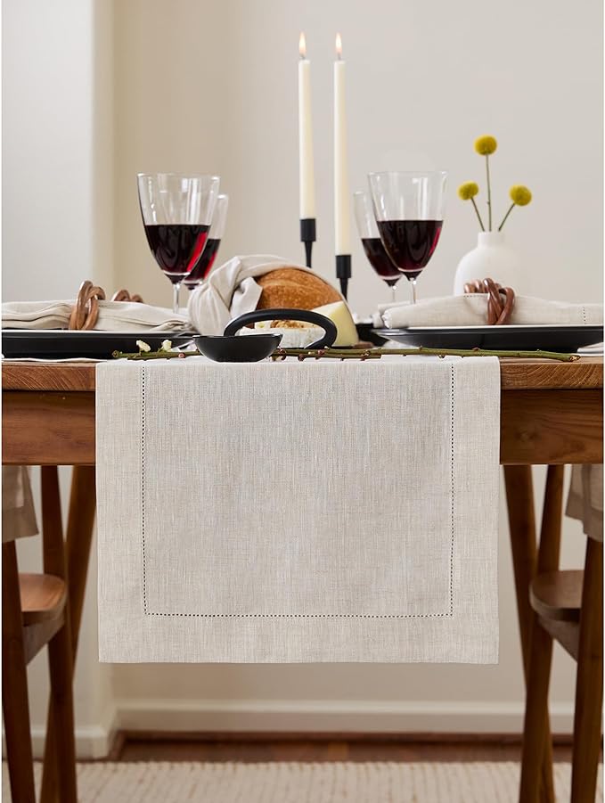 Solino Home 100% Pure Linen Dining Table Runner Light Natural, 14 x 132 in | Classic Hemstitch, a graceful centrepiece for dining and gatherings, hemstitched border, mitered corners, OEKO-TEX Certified