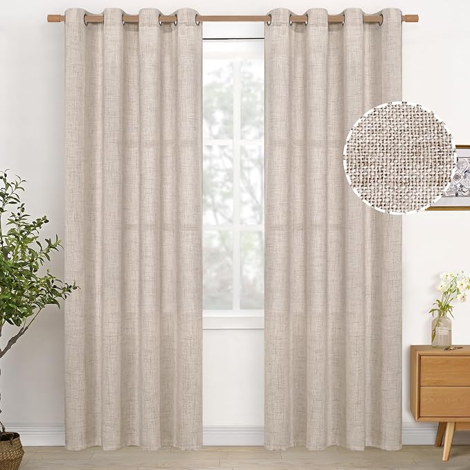 YoungsTex Linen Curtains 80 Inch Length with Bronze Grommet Light Filtering | Semi Sheer Drapes Beige Natural for Living Room Bedroom Farmhouse Rustic, 2 Panels, 52 x 80 Inch
