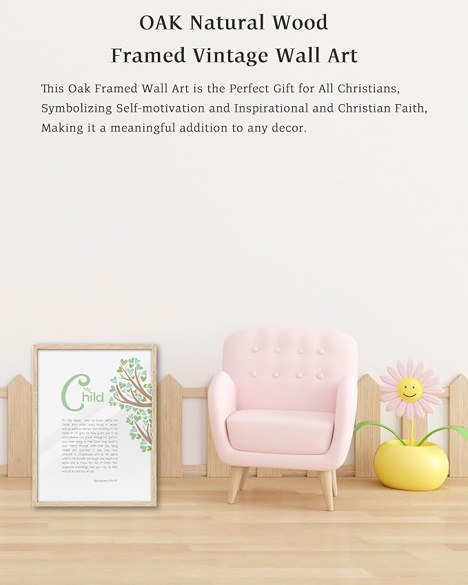 KensTro 12x16 Oak Framed Ephesians 3:14-19 Christian Wall Art | Natural Oak Wood Frame with Ephesians Prayer and Heart-Leaf Tree, Inspirational Scripture Decor for Bedroom or Prayer Space