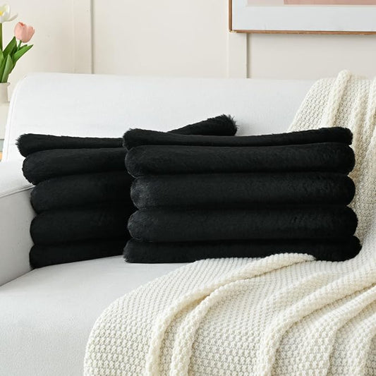 HAUSSY 2 Pack Lumbar Pillow Covers 12x20 Inch, Faux Fur Decorative Couch Throw Pillows Soft Striped Plush Cushion Covers Home Decor Cute Furry Pillowcase for Living Room Sofa Bed,Black (Covers Only)