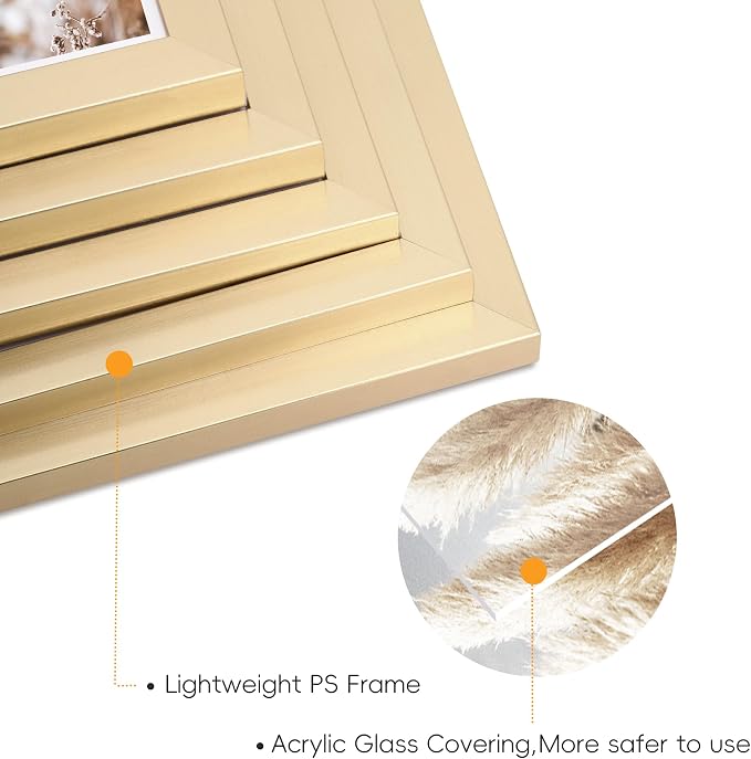 Gallery Wall Frame Set, 8 Pack Gold Picture Frames, Small | Collage Pampas Grass Prints Wall Art Decor for Living Room, Entryway, Stairway, Bedroom, Assorted Size