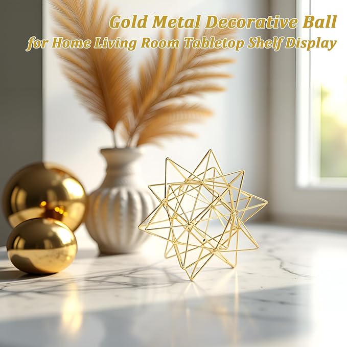 3D Gold Decorative Sphere, Metal Geometric Tabletop Decoration