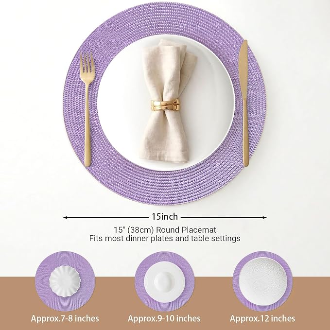 FunWheat Round Braided Placemats Set of 4 Table Mats for Dining Tables Woven Washable Non-Slip Place mats 15 inch(Lilac Purple,4pcs)
