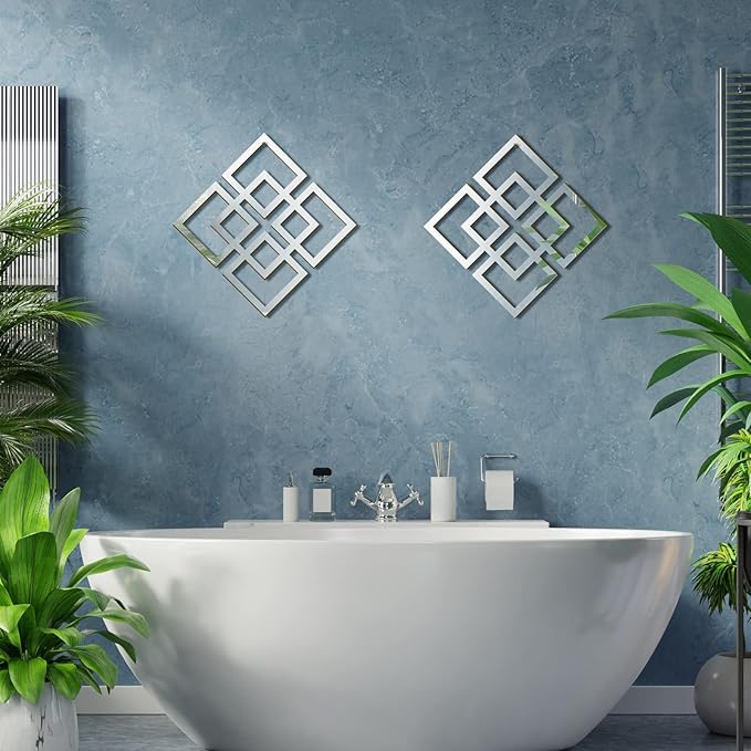 Weysat Wall Mount Home Mirror, 2 Pieces Silver Square Decorative Mirror for Bedroom, Living Room, Bathroom, 11.8 x 11.8 inches | Modern Geometric Cutout Design, Square Decorative Wall Mirror, Wall Mounted Mirror for Bedroom, Living Room, Bathroom