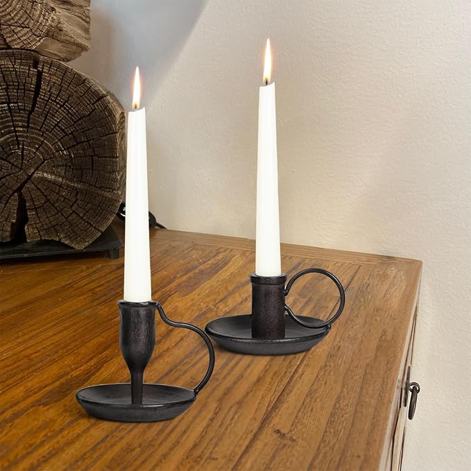 Matte Black Iron Candle Holder with Handle 2 Pcs Taper Candle Sticks Holder