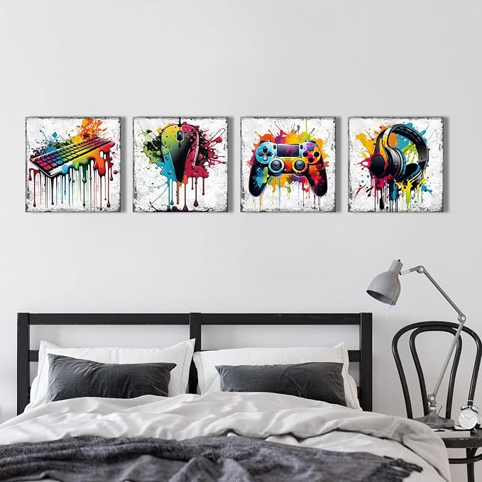 Banksy Gaming Wall Art Game Room Decor for Boys Graffiti Gamer Playroom Wall Decor Cool Gamepad Headphones Canvas Pictures Street Pop Painting Modern Artworks Bedroom Home Decorations 16x16" 4 Pieces