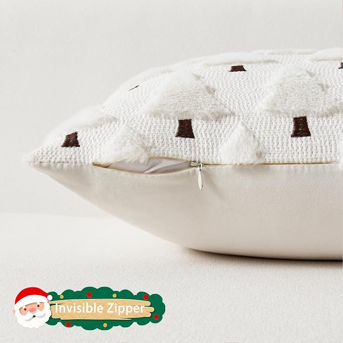UGASA Christmas Decorative Pillow Covers 16x16 Inch Soft Plush Faux Fur Jacquard Throw Pillows Pillowcases for Couch Sofa Holiday Festivals Winter Home Decor Set of 2 Cream