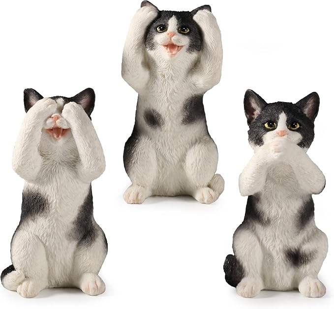 Veronese Design 3 3/4 Inch Black and White Kittens Hear Speak See No Evil Resin Figurine Miniature