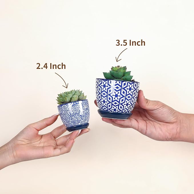 Selamica Ceramic 2.4 Inch Succulent Pots, Mini Succulent Planter Pot for Cactus Plant with Drainage Holes & Saucers, Home Decor, Set of 6, Vintage Blue