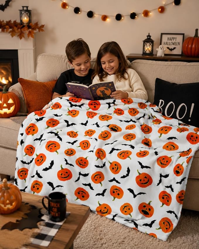 Serafina Home Halloween Fleece Throw Blanket: Happy Jack O'Lantern Pumpkins and Black Bat Design on Soft Velvety Blanket for Sofa Bed Couch Chair Dorm, 50" x 60"