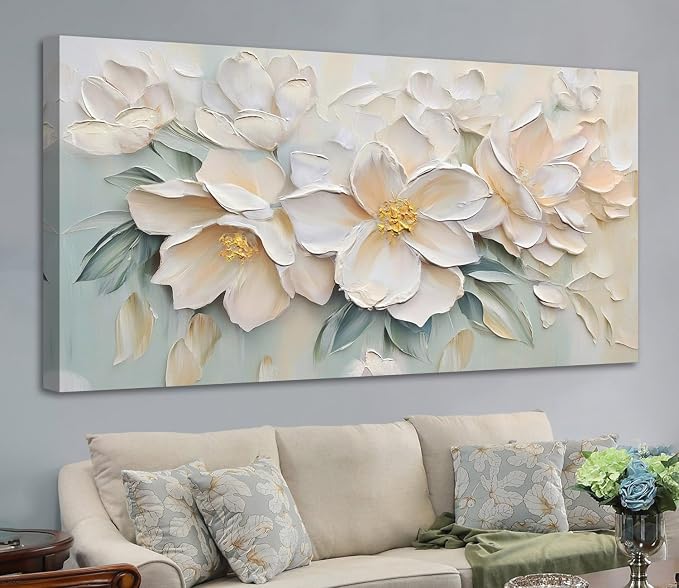 Anolyfi Large White Floral Canvas Wall Art for Living room Bedroom 58"x29" | HD Print and Hand-painted Textured, Easy to Hang, Durable Colorfast, Modern Flowers Sage Paintings for Hallway Home Decor