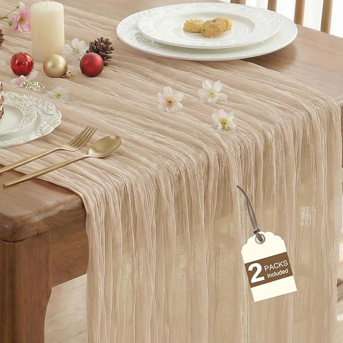 IVAPUPU Nude Table Runner 120 Inches for Wedding Birthday Party Home Decor | 2 Pcs Boho Gauze 10FT Cheesecloth Table Runners for Baby Shower Decorations Summer Garden Farmhouse