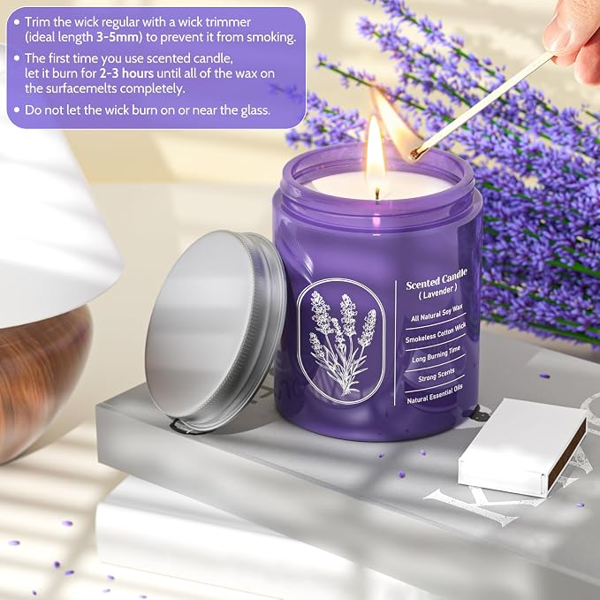 WarmEmbrace Lavender Scented Soy Candle for Women & Men, 7.6 Oz, 4 Packs | Highly Scented With Essential Oil & 40+ Hour Burn Time，Cotton Wick & Reusable Glass Jar For Home Or Gifting
