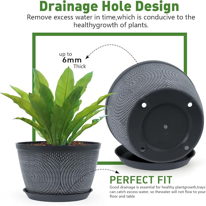 Quarut Flower Pots for Outdoor,Plastic Plant Pots with Drainage Hole & Tray | Durable and Odorless，Modern Decorative Garden Pot with Saucer, 10 Inch 3 Pack planters for Ourdoor Indoor House (Gray)