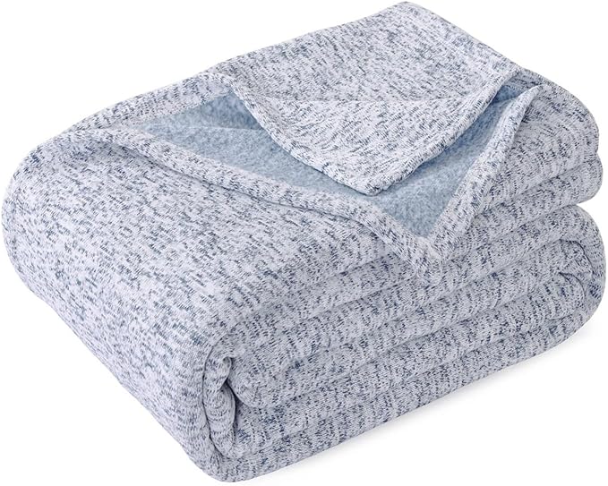 KAWAHOME Summer Sweatshirt Blanket for Bed Lightweight Soft Thin, 71" × 79" | Breathable Jersey Blankets for Hot Sleepers in Air-Conditioned Room, Home Decor Holiday Gift, Heather Blue
