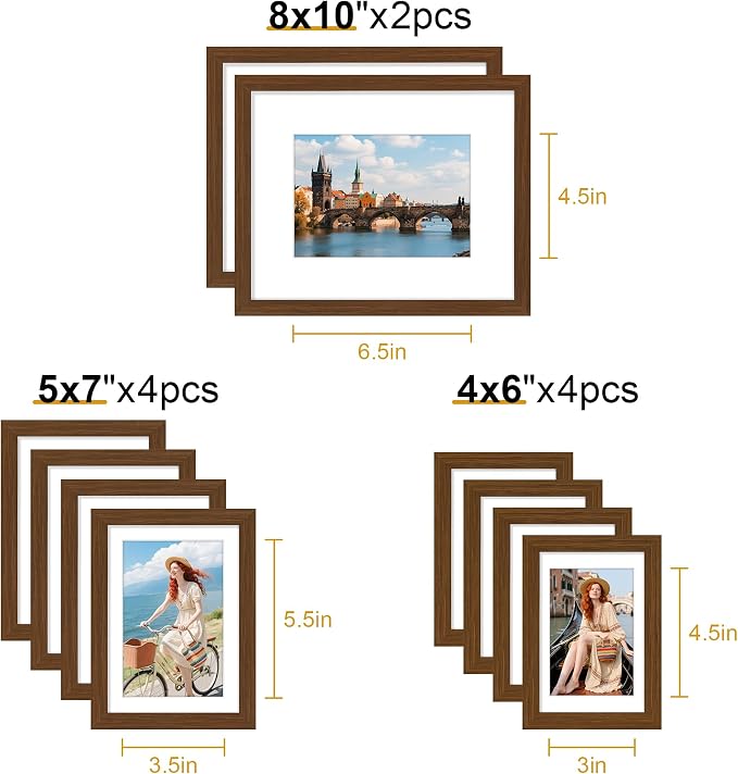 decorUhome 10 Pack Assorted Picture Frame Set for Wall & Tabletop, P0710BN | Brown, Multi Size Picture Frame Includes Two 8x10 / Four 5x7 / Four 4x6 for Family Gallery Wall