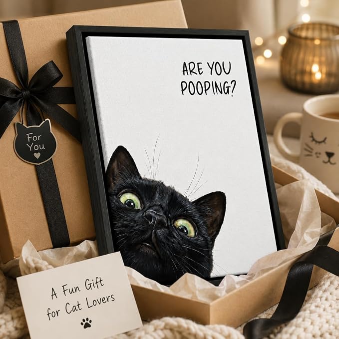 Framed Funny Bathroom Wall Art, Black Cat Are You Pooping Canvas Print, Minimalist Black and White Humor Bathroom Animal Decor for Restroom Toilet 12x16in