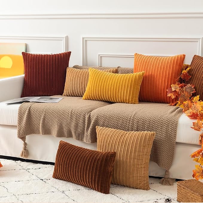 Kevin Textile Striped Corduroy 22”x22” Pillow Covers 2 Pack, Orange