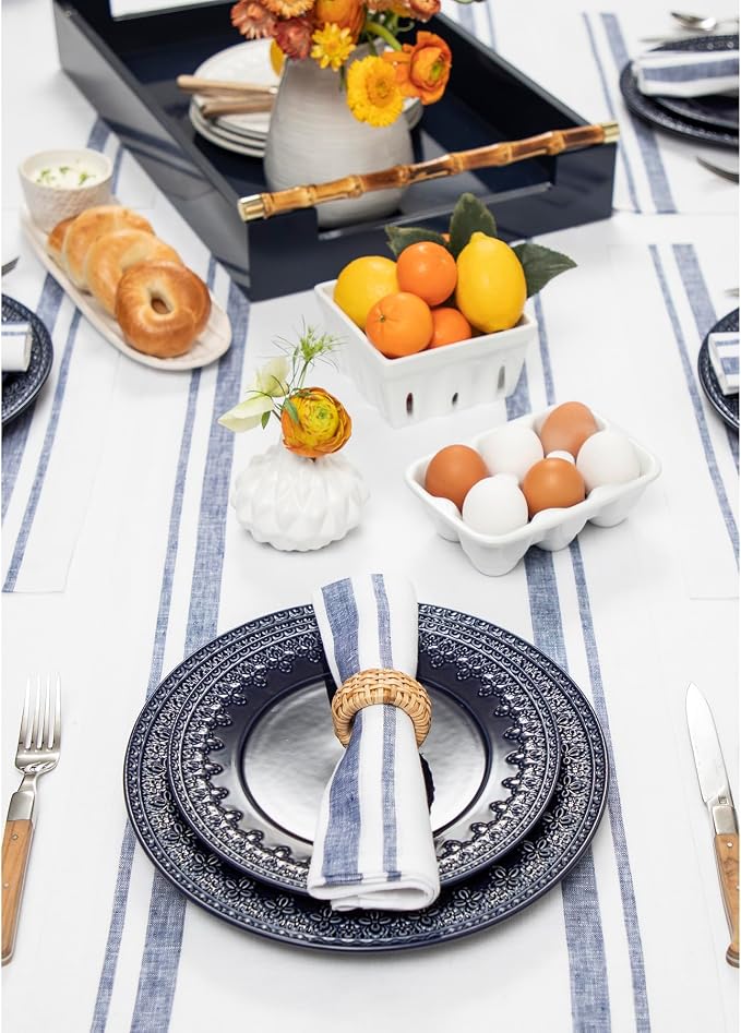 Solino Home 100% Pure Linen Table Runner, 14 x 144 in, Navy, French Stripe | styles dining tables for meals and celebrations, woven stripe, European flax fibres, machine washable, OEKO-TEX Certified