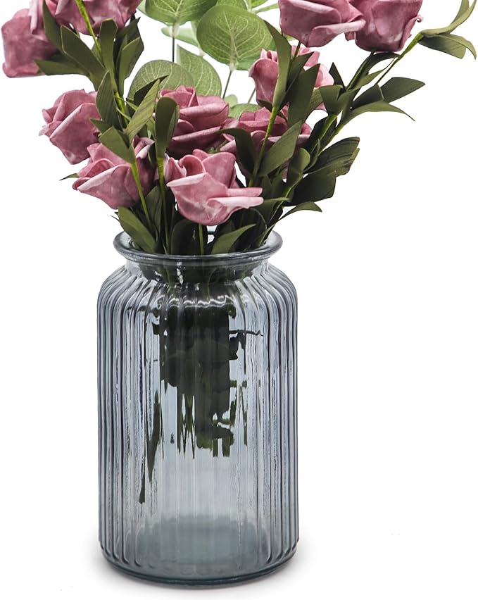OFFIDIX Glass Vase,7.3 * 4.3in Vertical Line Geometric Faceted Design Flower Vase