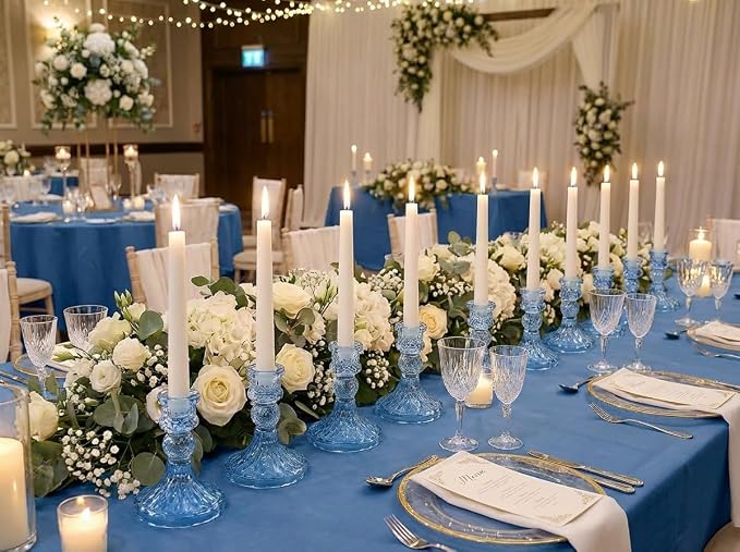 Glass Candle Holder Set of 12, Blue Taper Candle Holders Bulk | Vintage Candlestick Holders, Candle Stick Holder for Table Centerpieces, Wedding, Festival & Home Decor
