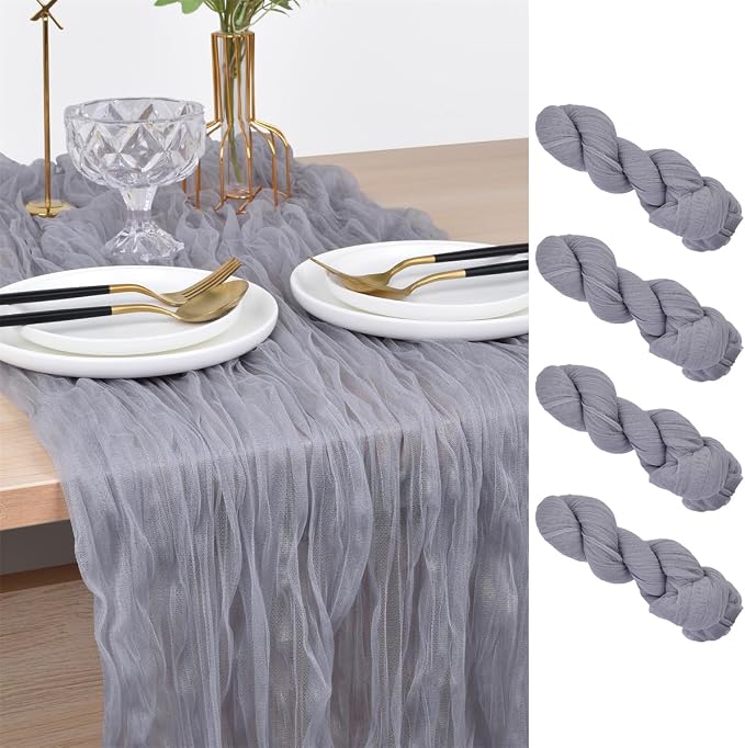 Gray Cheesecloth Table Runner Cheese Cloth Wedding Birthday Party Decor | 10Ft Summer Rustic Boho Gauze Farmhouse Bridal Baby Shower Holiday Dining Tea Party Home Table Decorations 4 Pack