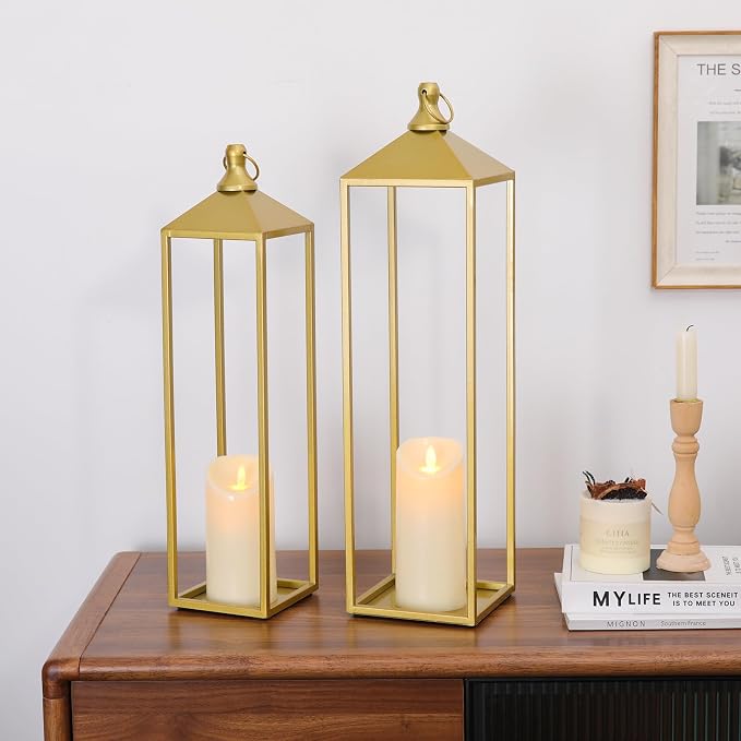 22'' 19'' Large Lanterns Decorative Outdoor Indoor, Set of 2 Gold Lantern | Metal Outdoor Lanterns Decorative for Mantle, Patio, Porch, Garden, Home Decor, No Glass with Candles
