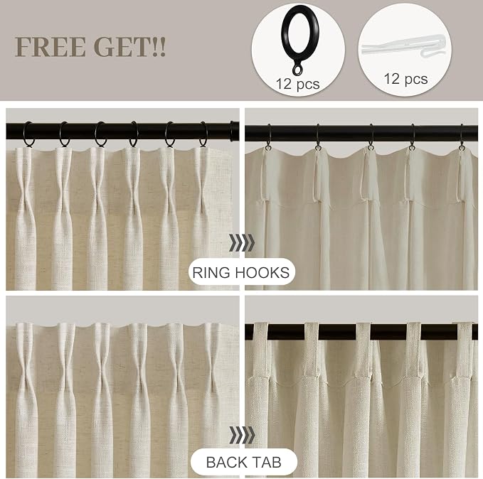 Pinch Pleated Linen Blend Light Filtering Sheer Curtains for Sliding Door | Living Room, Semi Sheer, Pinch Pleat, Hook Rings, Large Window Drapes, Extra Wide, Soft, Thick, 70Wx96L, Sand Beige, 1 Panel