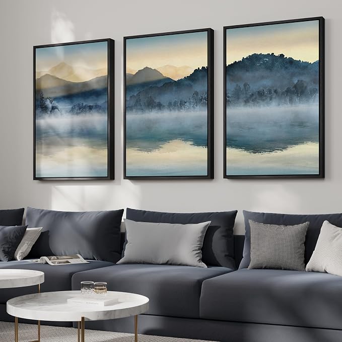 Framed Watercolor Mountain Landscape Wall Art for Living Room, 24x36 Inch | 3 piece, Modern, Minimalist, Large, Blue, Nature, Lake scenery, Dining room wall decor, Office art, Ready to hang, Wood frame