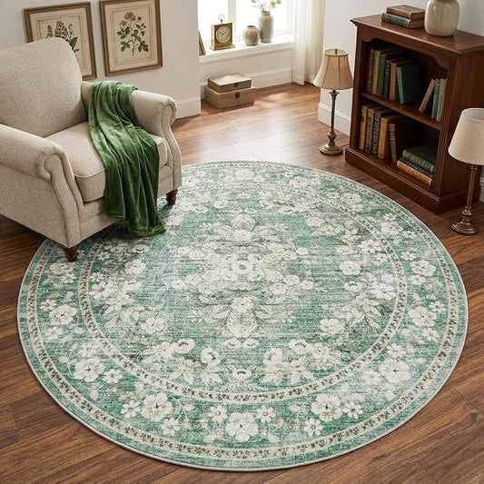 GarveeHome 4ft Round Rug for Living Room Vintage Floral Floor Carpets | Machine Washable Leaf Flower Botanical Throw Rug for Bedroom Vintage Distressed Sage Green Bordered Area Rug for Dining Room