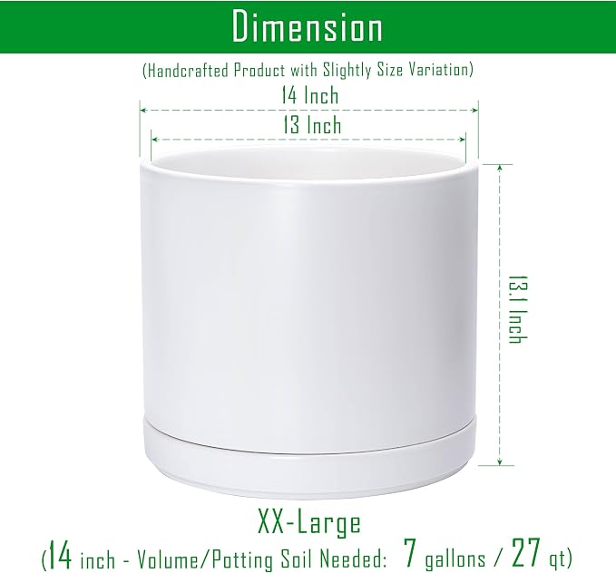 D'vine Dev 14 Inch Ceramic Planter Pot, White, 94-O-G-1 | Modern Cylinder Design, Drainage Hole & Saucer Included, Stable Structure, Elegant Home Accent
