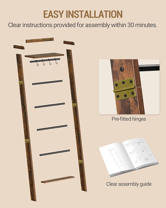Hzuaneri Blanket Ladder Shelf, Farmhouse Ladder Holder, Blanket Organizer | 7-Tier Decorative Quilt Rack with 4 Removable Hooks 7.9" D x 17.3" W x 66.9" H, Rustic Brown BR36801B