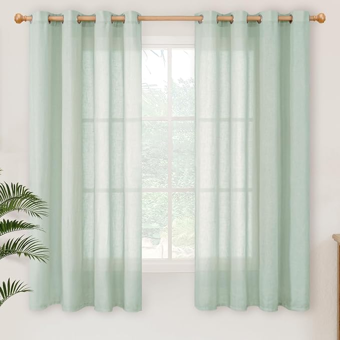 YoungsTex Light Sage Linen Curtains 63 Inches Length for Living Room - Light Filtering Burlap Textured Drapes with Grommet Lightweight for Bedroom Home Office Farmhouse Rustic, 2 Panels, 52 X 63 Inch