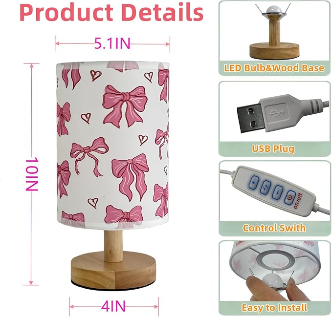 Pink Bow kids Table Lamp Dimmable Small Bedsdie Lamps for Bedroom Decor