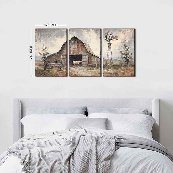 Vintage Farmhouse Wall Art Old Barn Canvas Painting Prints for Kitchen Windmill Barn Pictures Framed Paintings Landscape Countryside Posters Wall Decor for Bedroom Office Home Decorations 16x24