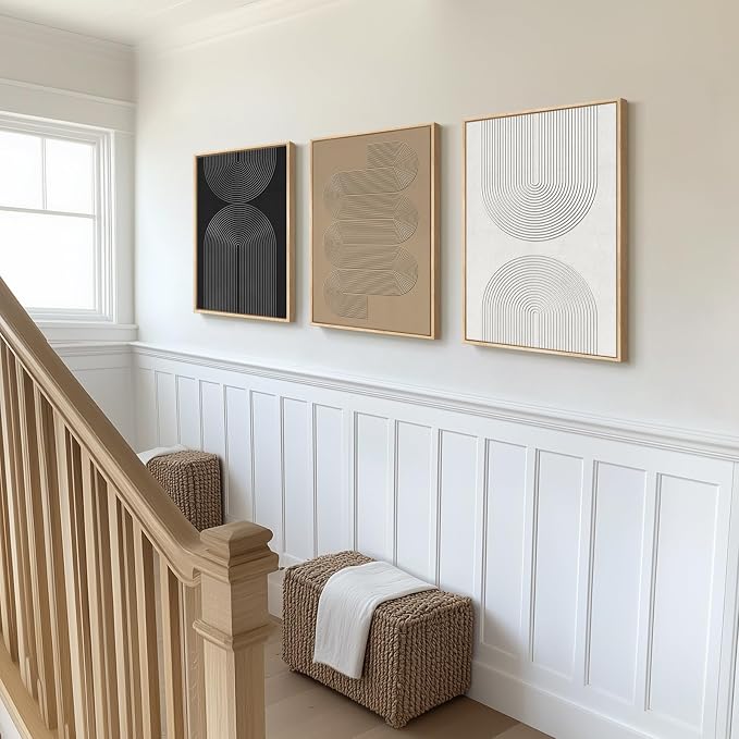 Framed Black and White Neutral Abstract Wall Art for Living Room, 3 Piece | Large Boho Canvas Prints, Minimalist Artwork for Walls, Geometric Pictures, Hallway Office Paintings Wall Decor 30x60 Inch