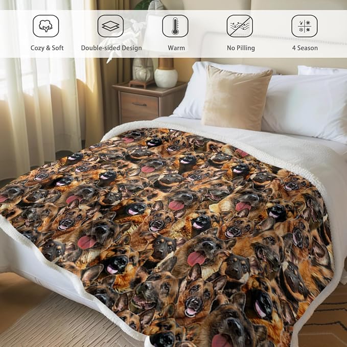 BlessLiving Fuzzy Dogs Blanket for Kids Adults Cute Puppy Fleece Blanket Reversible Animal Pattern Sherpa Throw (German Shepherd Dog,Twin, 60 x 80 Inches)