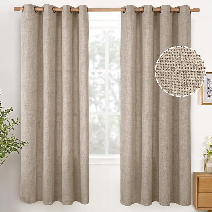 Oatmeal Linen Curtains 72 Inches Long 2 Panels Set for Bedroom Farmhouse | Semi Sheer Drapes with Bronze Grommet Privacy Window Treatments for Living Room Light Filtering, 52 X 72 Inch