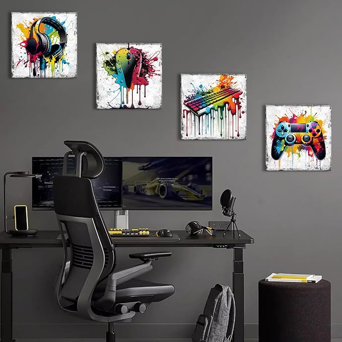 YOOOAHU Game Wall Decor Gaming Art Graffiti Gamepad Headphones Canvas Pictures Gamer Room for Boys Street Pop Bedroom Dorm Playroom Cave Teen Men Cool Video Painting Modern Artwork 12x12'' 4 Pcs