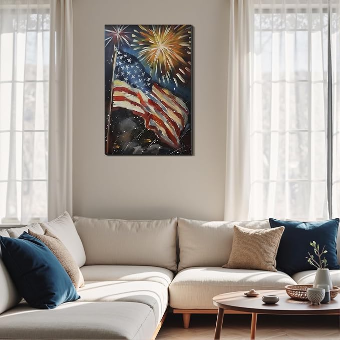 Framed 4th of July Fireworks American Flag Wall Art, Patriotic Impasto Canvas Art Pictures, USA Flag Wall Decor for Living Room Man Cave Bar, Ready to Hang Made in USA