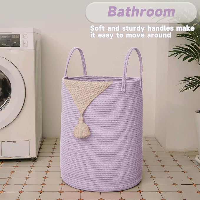 JMvicyroam 80L Cotton Rope Laundry Basket Hamper, Purple | Collapsible laundry basket, reinforced handles, freestanding, machine washable, holds 3-5 thick blankets, clothes or toys