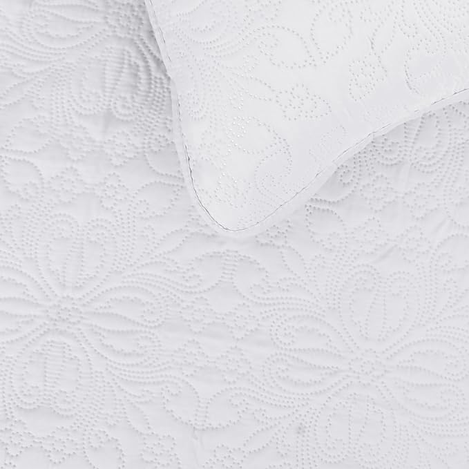 Easy-Going Reversible Quilt Set Full/Queen, Bedspread with 2 Shams | Damask-White/White, Lightweight Bed Comforter, 1 Quilt + 2 Pillow Shams, All-Season Coverlets for Bedroom