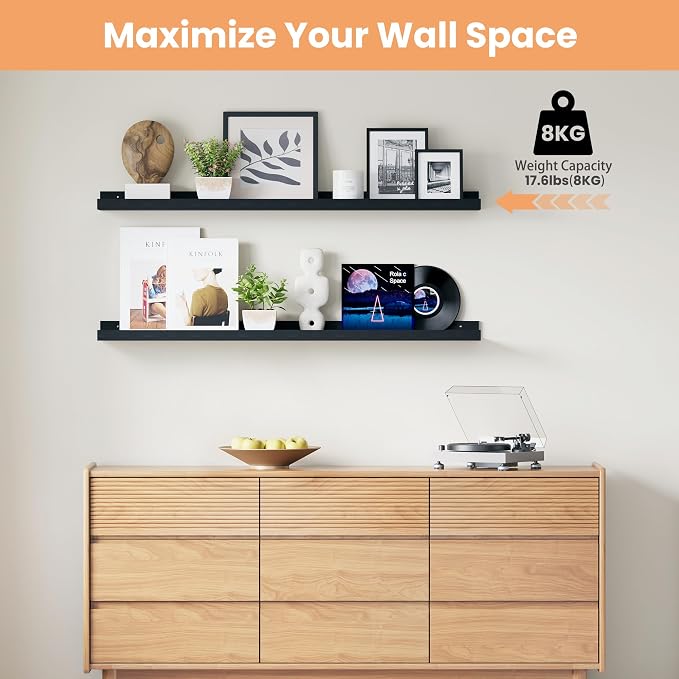 upsimples Floating Shelves for Wall Decor and Storage, Black, 6Pcs 47.3''