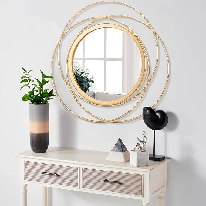 Wall Mirror Mounted Gold Large Round Decorative Mirrors, Circle Metal Art Mirror Home for Bathroom Vanity, Living Room or Bedroom 24" x 24"