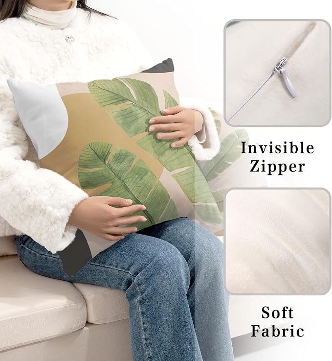 Set of 2 Summer Green Palm Tree Leaves Pillow Covers Tropical Plant Pillowcases Brown and White Black Throw Pillow Covers Cotton Blend 20x20 Game Room Decor for Sofa Bed Couch