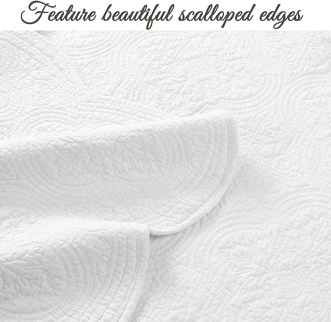 Cozy Line Home Fashions 100% Cotton Victorian Medallion Solid White Matelasse Embossed Bedding Quilt Set, Reversible Lightweight Bedspread, Coverlet for All Season (Blantyre - White, Queen - 3 piece)