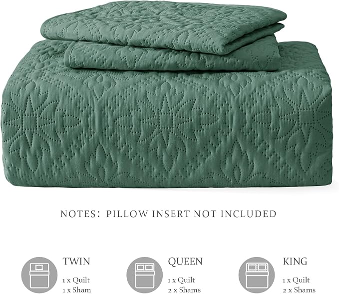 Exclusivo Mezcla Full Queen Quilt Set, Green | Lightweight Soft Bedspreads Coverlets, All Season Bedding with 2 Pillow Shams, Modern Style for Bedroom Guest Room
