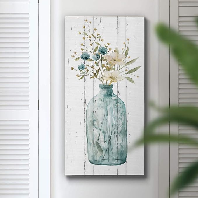 Renditions Gallery Canvas Flowers Wall Art Home Paintings & Prints Elegant Floral Vase Modern Romantic Botanical Bouquet Artwork Decorations for Office Bedroom Kitchen - 12"x24" LT43