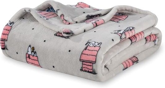 Berkshire Blanket Peanuts® VelvetLoft® Cute Character Snoopy Plush Oversized Throw Blanket, Peanuts Regular Snoopy Dog House Poses & Polka Dots Grey (50in x 60in)